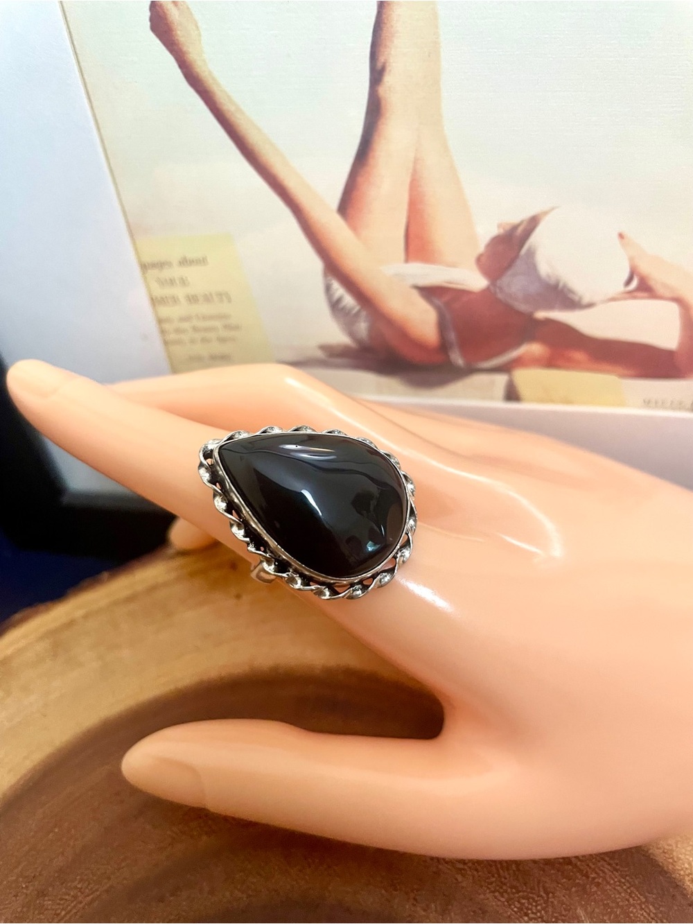 Black Onyx Teardrop Statement Ring in Sterling Silver Overlay NWOT Massive Stone
